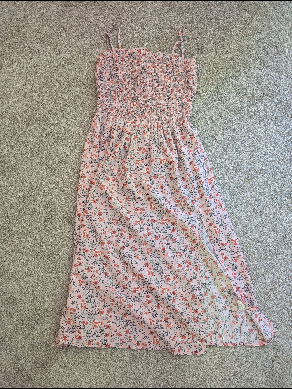 Women's Pink Floral Smocked Midi  Sundress with Spaghetti Straps